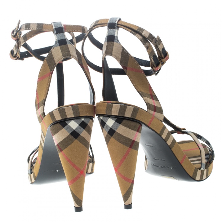 Pre Owned Burberry Beige Novacheck Fabric Hans T Strap Sandals Size 38.5 
