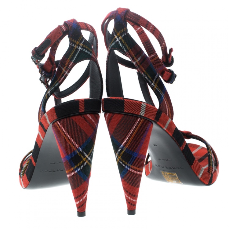 Pre Owned Burberry Red Checkered Wool Hans T Strap Sandals Size 40