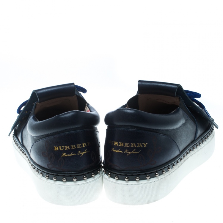 Pre Owned Burberry Navy Blue Leather Kiltie Fringe Slip On Sneakers Size 37.5