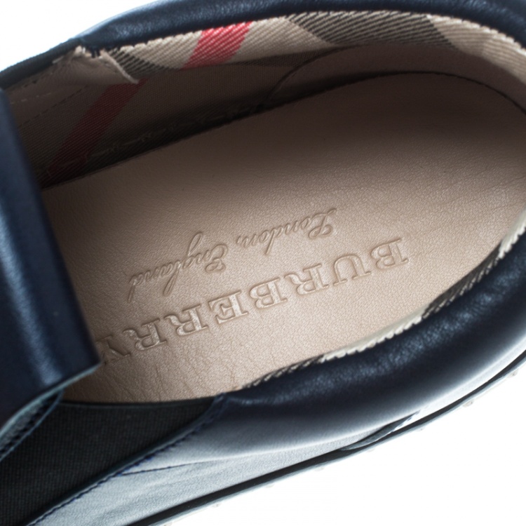 Pre Owned Burberry Navy Blue Leather Kiltie Fringe Slip On Sneakers Size 37.5