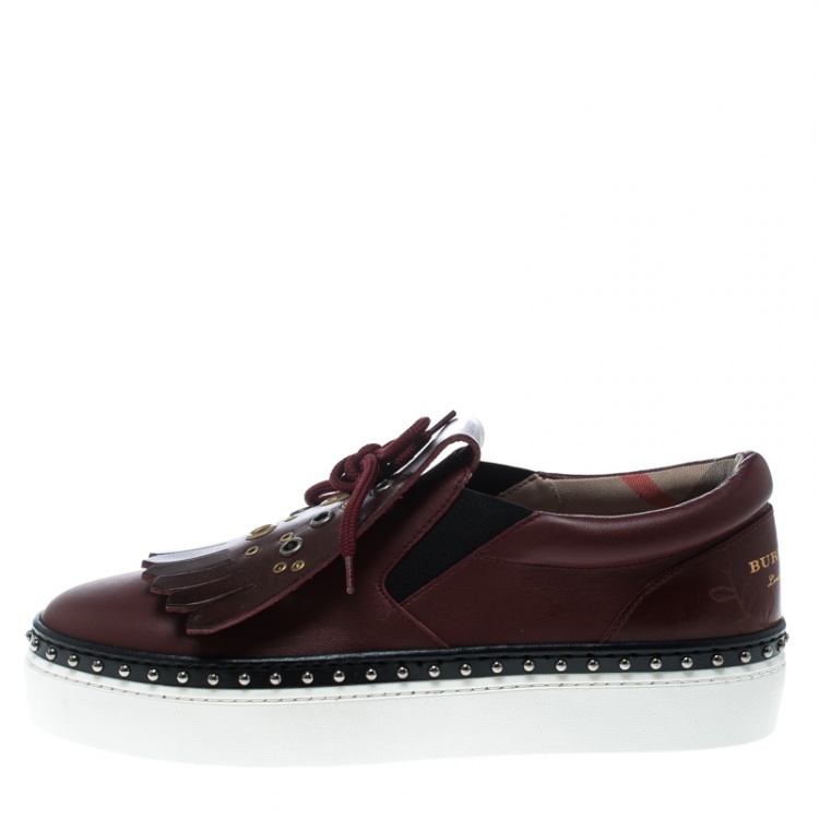 Pre Owned Burberry Burgundy Leather Kiltie Fringe Slip On Sneakers Size 37.5