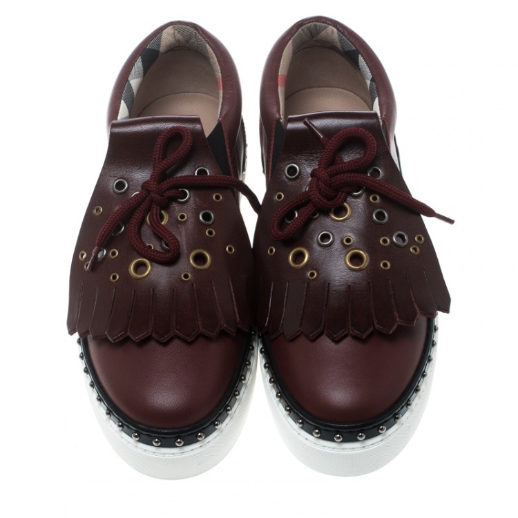 Pre Owned Burberry Burgundy Leather Kiltie Fringe Slip On Sneakers Size 37.5