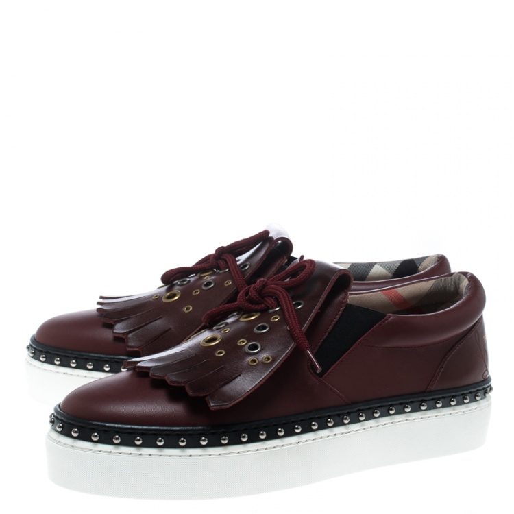 Pre Owned Burberry Burgundy Leather Kiltie Fringe Slip On Sneakers Size 37.5