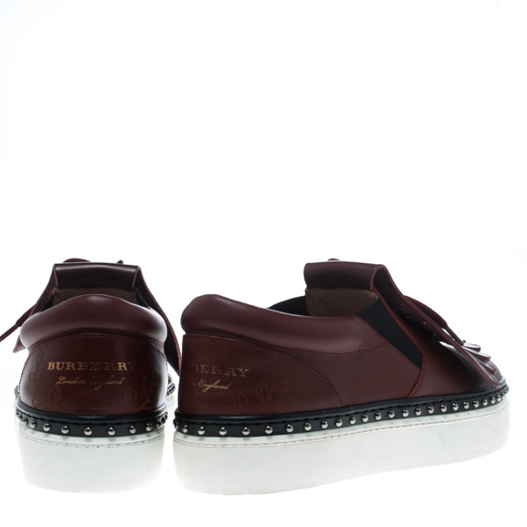 Pre Owned Burberry Burgundy Leather Kiltie Fringe Slip On Sneakers Size 37.5