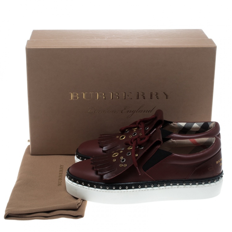 Pre Owned Burberry Burgundy Leather Kiltie Fringe Slip On Sneakers Size 37.5