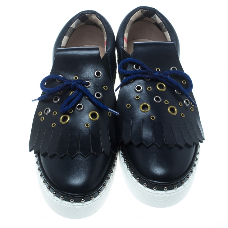 Pre Owned Burberry Navy Blue Leather Kiltie Fringe Slip On Sneakers Size 37.5