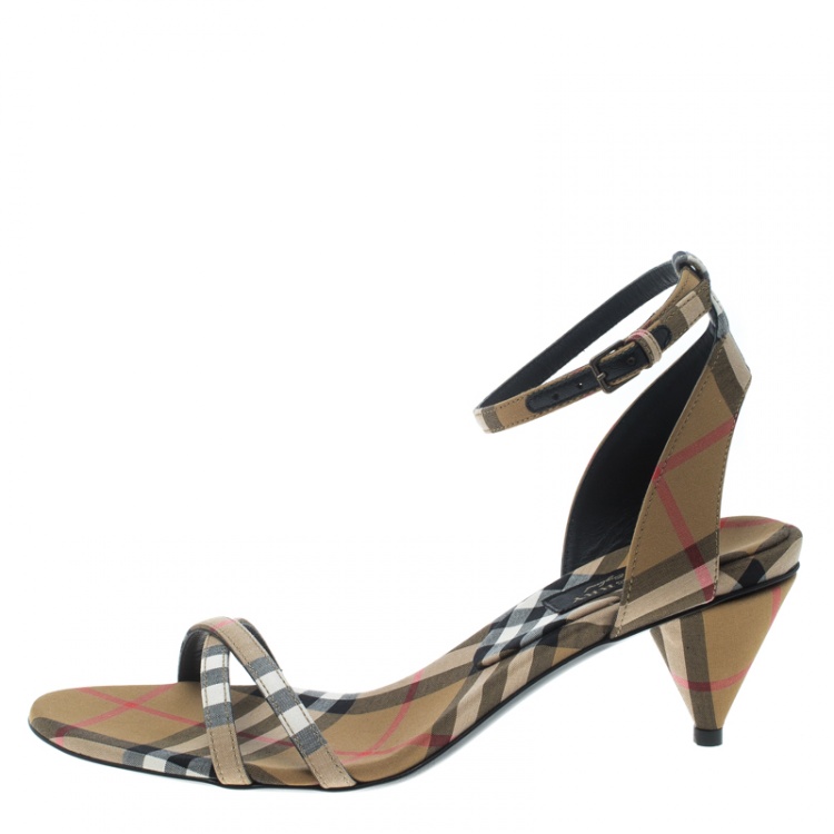 Pre Owned Burberry Beige Novacheck Fabric Hansel Cross Strap Cone Heel Open Toe Sandals Size 39.5