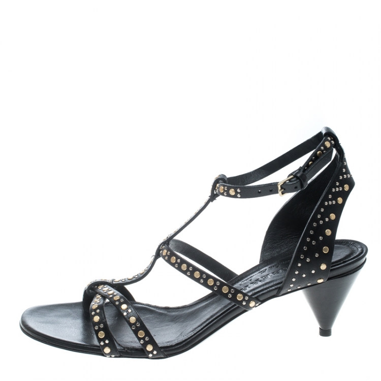 Pre Owned Burberry Black Leather Studded Hansel Cone Heel T Strap Sandals Size 37