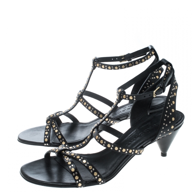Pre Owned Burberry Black Leather Studded Hansel Cone Heel T Strap Sandals Size 37