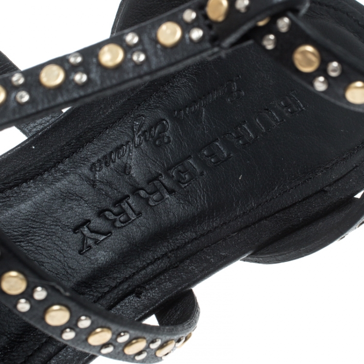 Pre Owned Burberry Black Leather Studded Hansel Cone Heel T Strap Sandals Size 37