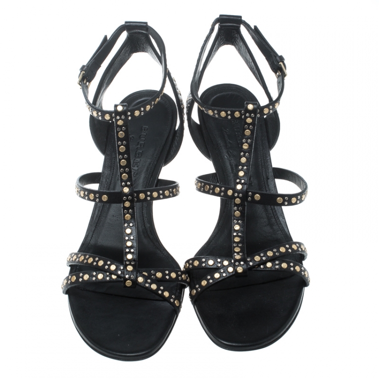 Pre Owned Burberry Black Leather Studded Hansel Cone Heel T Strap Sandals Size 38