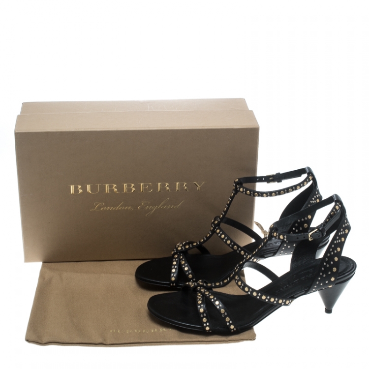 Pre Owned Burberry Black Leather Studded Hansel Cone Heel T Strap Sandals Size 38