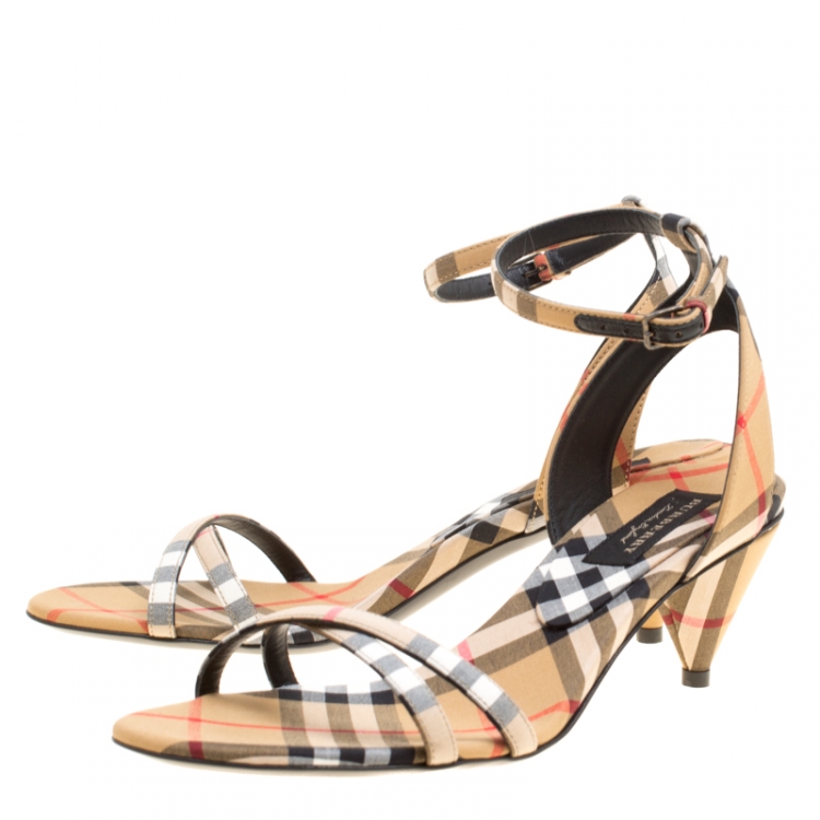 Pre Owned Burberry Beige Novacheck Fabric Hansel Cross Strap Cone Heel Open Toe Sandals Size 36