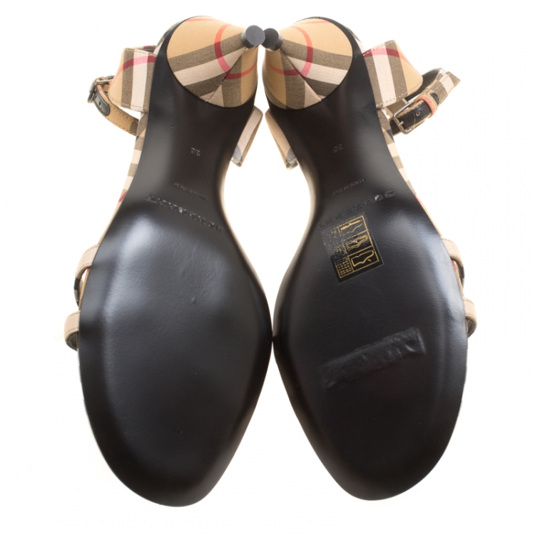 Pre Owned Burberry Beige Novacheck Fabric Hansel Cross Strap Cone Heel Open Toe Sandals Size 36
