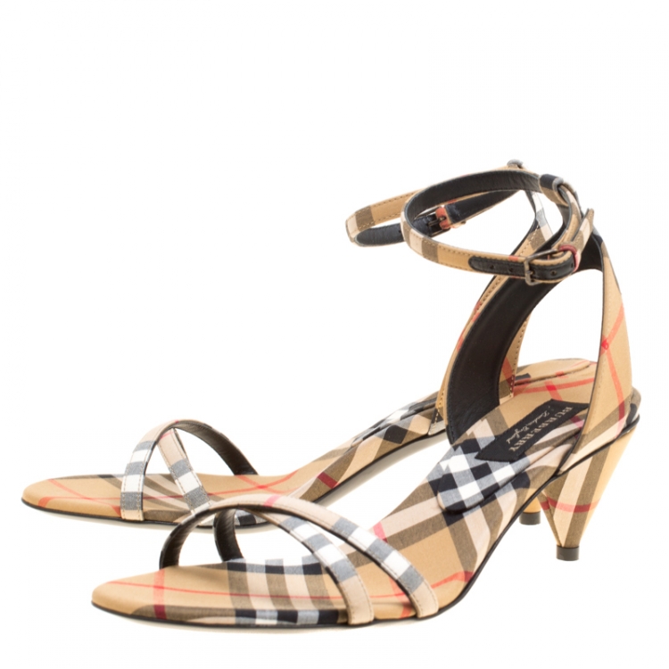 Pre Owned Burberry Beige Novacheck Fabric Hansel Cross Strap Cone Heel Open Toe Sandals Size 36.5