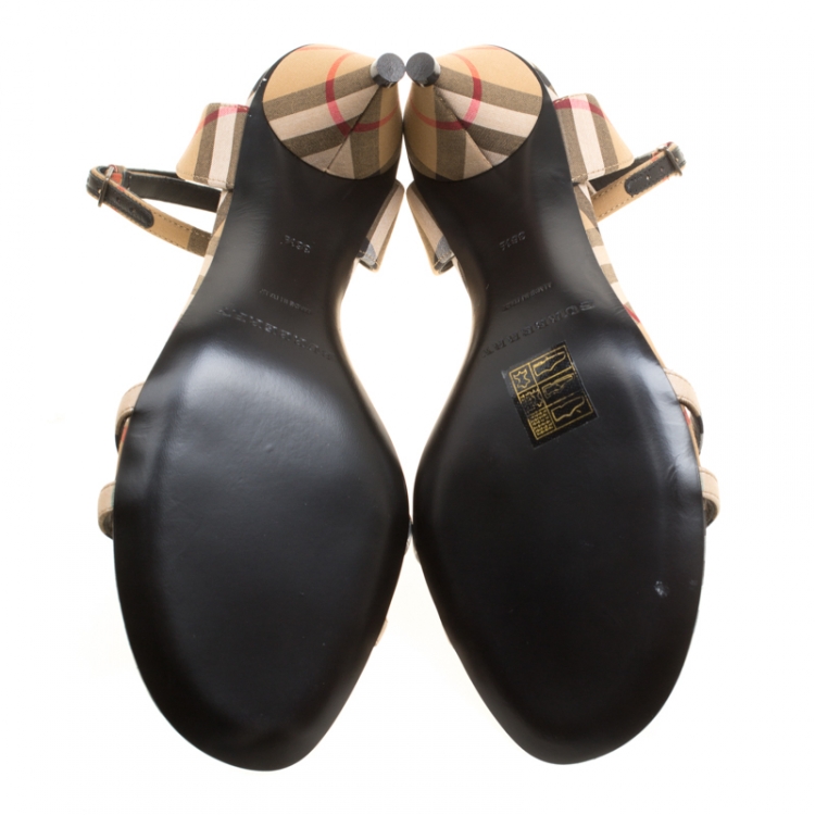 Pre Owned Burberry Beige Novacheck Fabric Hansel Cross Strap Cone Heel Open Toe Sandals Size 36.5