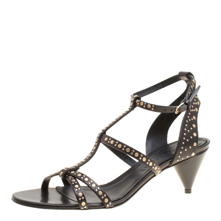 Pre Owned Burberry Black Leather Studded Hansel Cone Heel T Strap Sandals Size 38.5