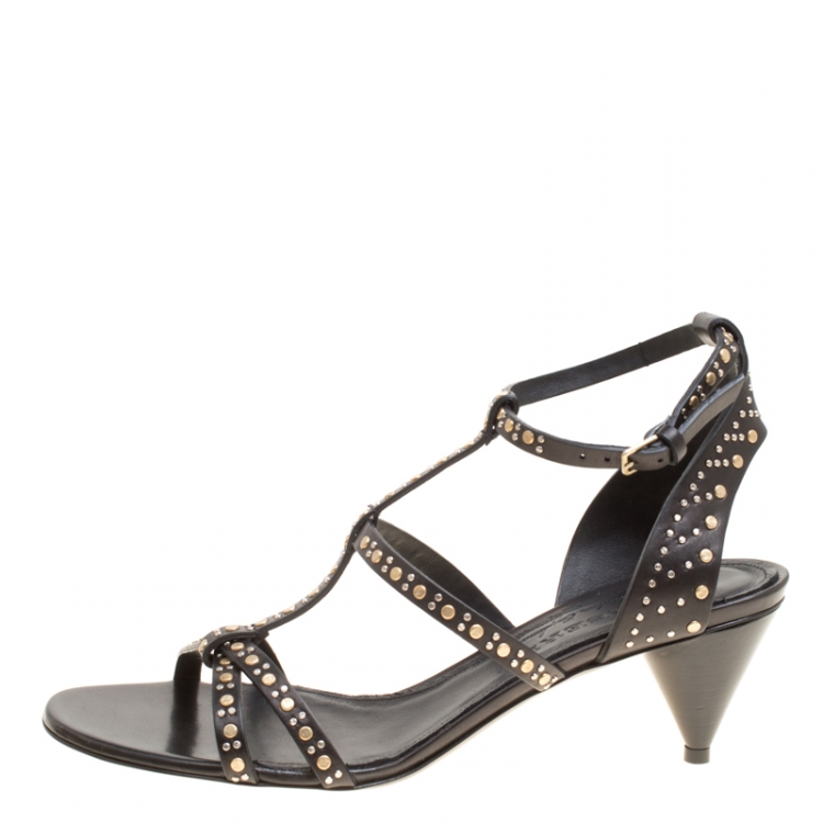 Pre Owned Burberry Black Leather Studded Hansel Cone Heel T Strap Sandals Size 38.5