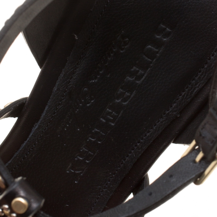 Pre Owned Burberry Black Leather Studded Hansel Cone Heel T Strap Sandals Size 38.5