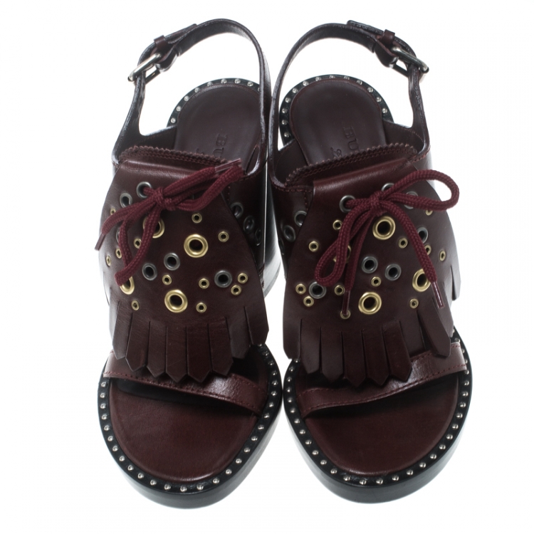 Pre Owned Burberry Burgundy Leather Beverley Eyelet Fringe Detail Block Heel Sandals Size 40