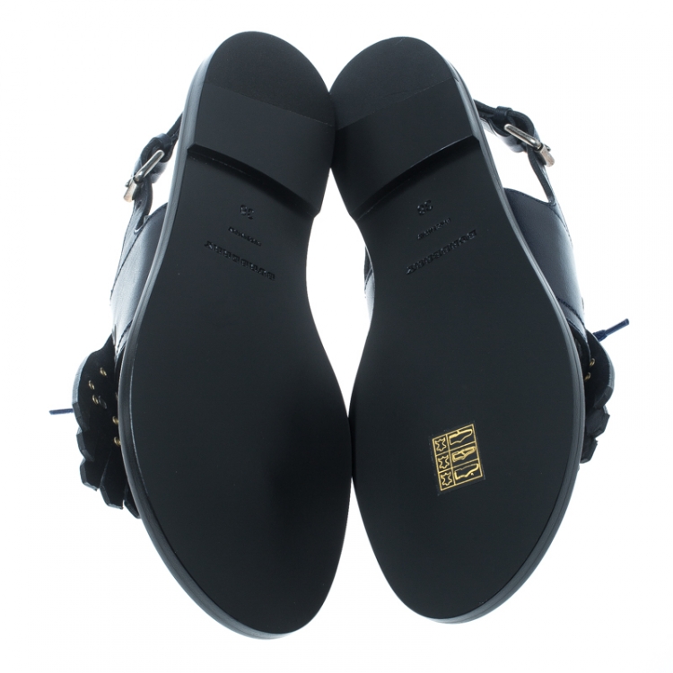 Pre Owned Burberry Navy Blue Leather Kiltie Fringe Eyelet Detail Flat Sandals Size 38