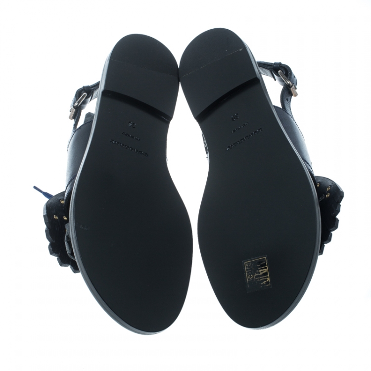 Pre Owned Burberry Navy Blue Leather Kiltie Fringe Eyelet Detail Flat Sandals Size 39