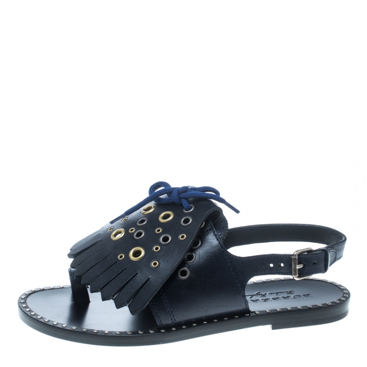 Pre Owned Burberry Navy Blue Leather Kiltie Fringe Eyelet Detail Flat Sandals Size 40