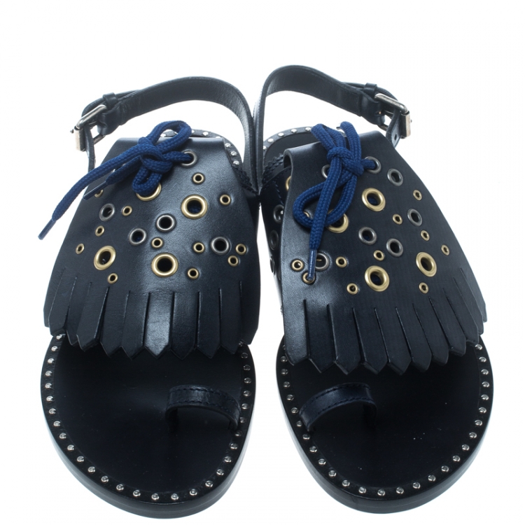 Pre Owned Burberry Navy Blue Leather Kiltie Fringe Eyelet Detail Flat Sandals Size 40