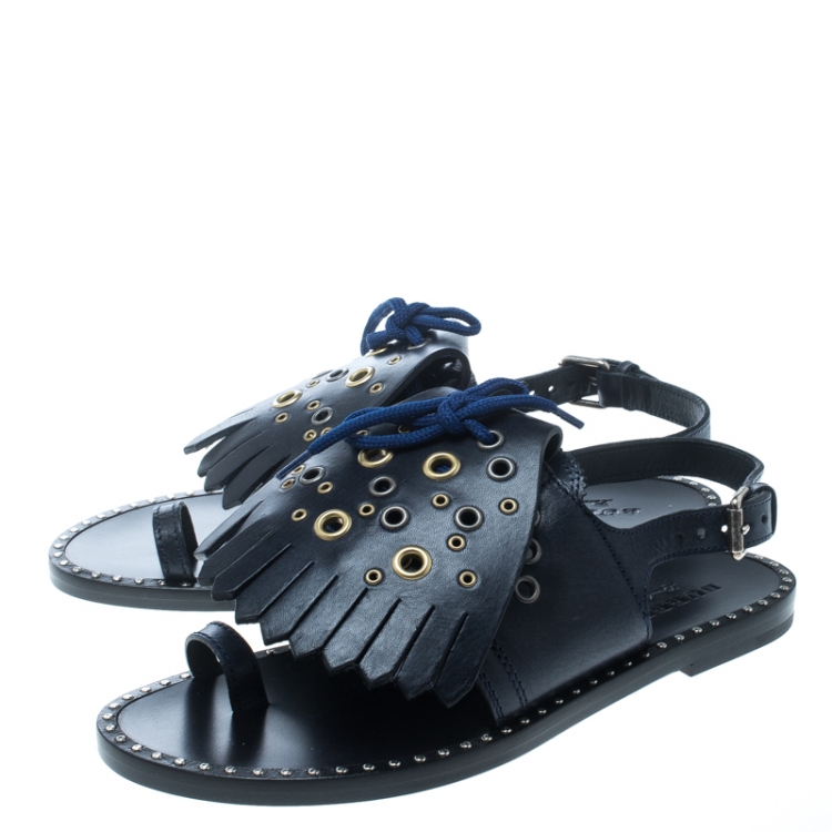 Pre Owned Burberry Navy Blue Leather Kiltie Fringe Eyelet Detail Flat Sandals Size 40