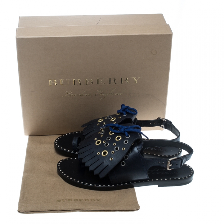 Pre Owned Burberry Navy Blue Leather Kiltie Fringe Eyelet Detail Flat Sandals Size 40