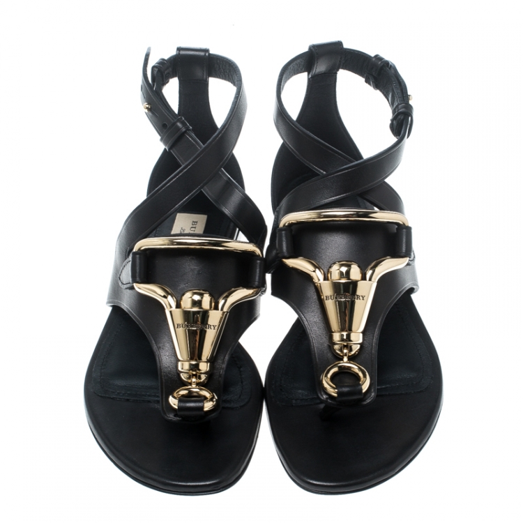 Pre Owned Burberry Black Leather Horse Clip Bridle Cross Strap Flat Thong Sandals Size 35