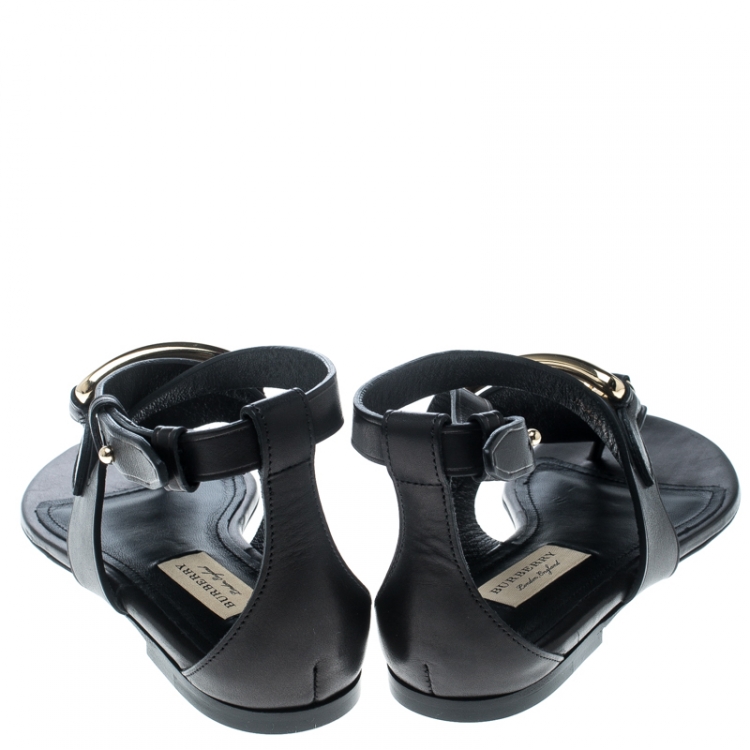 Pre Owned Burberry Black Leather Horse Clip Bridle Cross Strap Flat Thong Sandals Size 35
