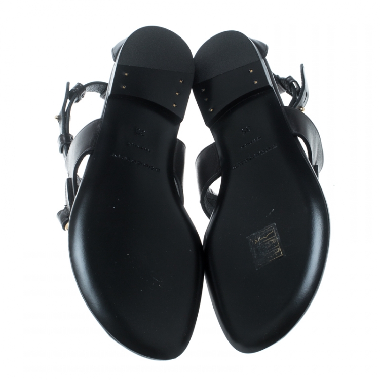 Pre Owned Burberry Black Leather Horse Clip Bridle Cross Strap Flat Thong Sandals Size 35