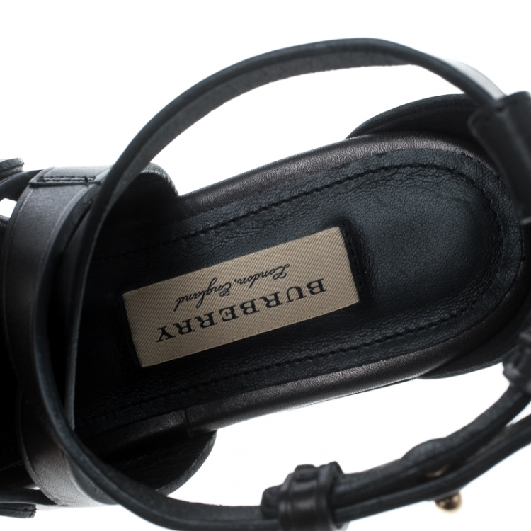 Pre Owned Burberry Black Leather Horse Clip Bridle Cross Strap Flat Thong Sandals Size 35