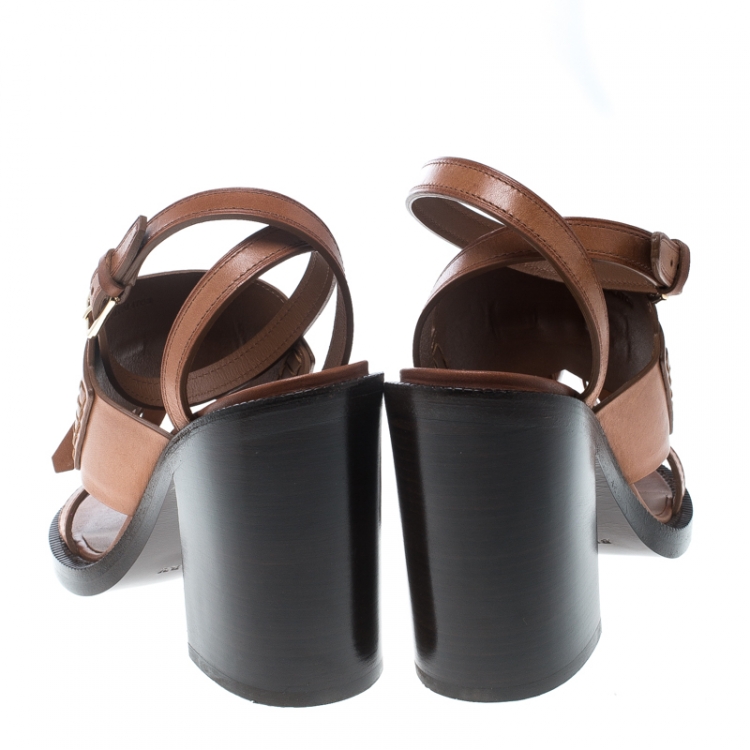 Pre Owned Burberry Cognac Brown Leather Bethany Tassel Detail Block Heel Sandals Size 38