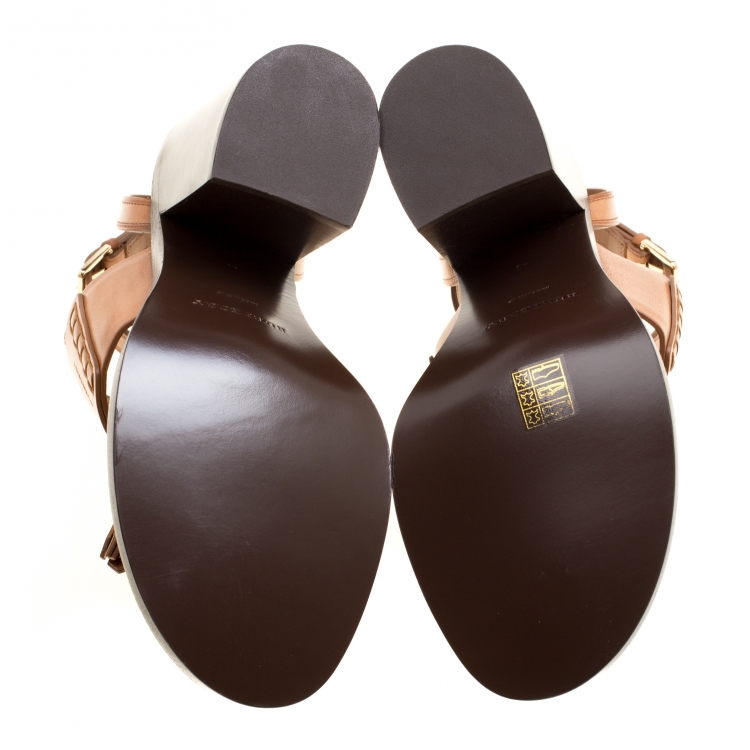Pre Owned Burberry Cognac Brown Leather Bethany Tassel Detail Block Heel Sandals Size 40
