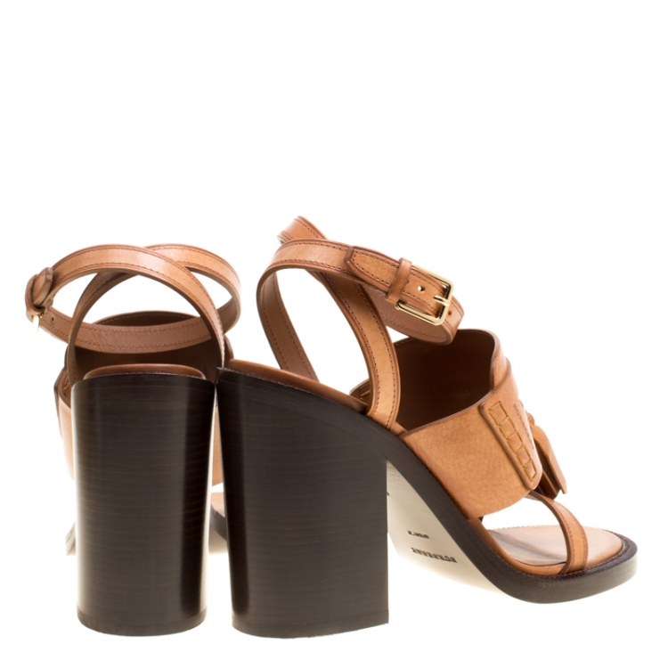 Pre Owned Burberry Cognac Brown Leather Bethany Tassel Detail Block Heel Sandals Size 40