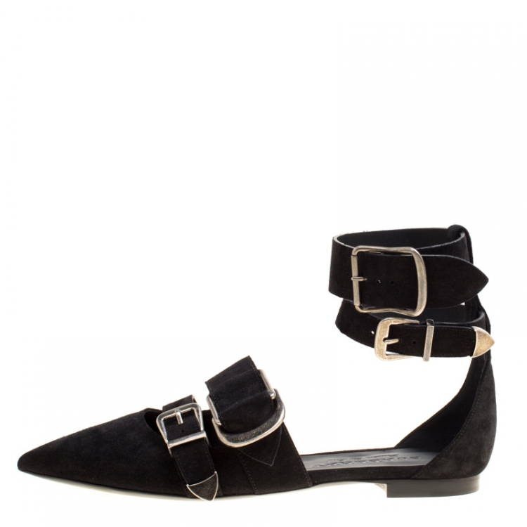 Pre Owned Burberry Black Suede Monroe Ankle Cuff Pointed Toe Flats Size 38