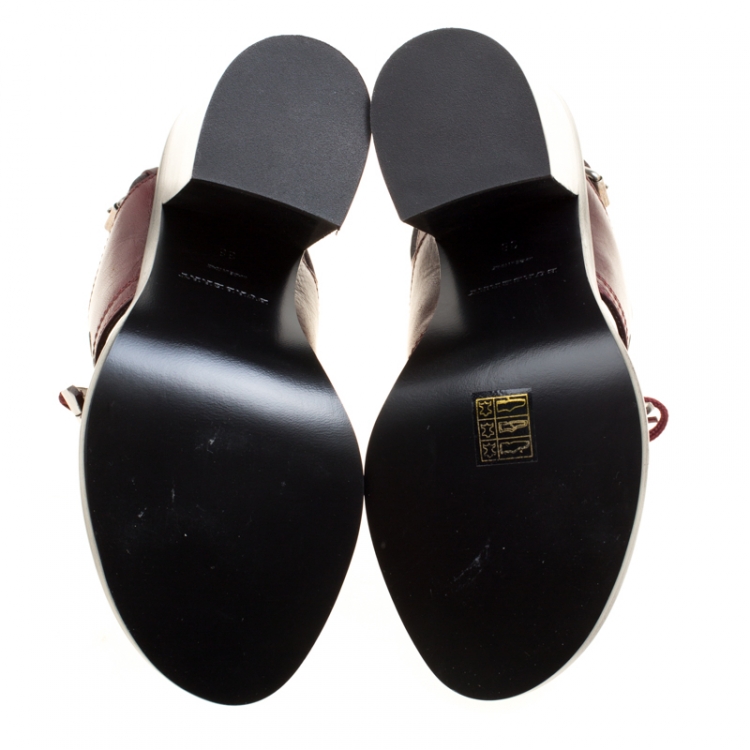 Pre Owned Burberry Burgundy Leather Beverley Eyelet Fringe Detail Block Heel Sandals Size 38
