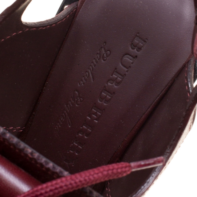 Pre Owned Burberry Burgundy Leather Beverley Eyelet Fringe Detail Block Heel Sandals Size 38