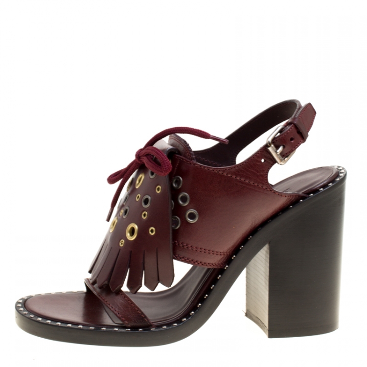 Pre Owned Burberry Burgundy Leather Beverley Eyelet Fringe Detail Block Heel Sandals Size 38