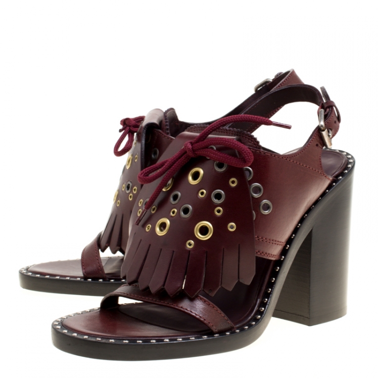 Pre Owned Burberry Burgundy Leather Beverley Eyelet Fringe Detail Block Heel Sandals Size 38