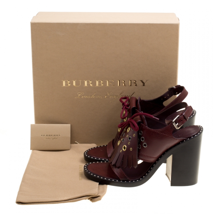 Pre Owned Burberry Burgundy Leather Beverley Eyelet Fringe Detail Block Heel Sandals Size 38