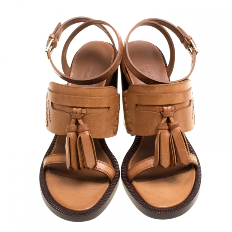 Pre Owned Burberry Cognac Brown Leather Bethany Tassel Detail Block Heel Sandals Size 39