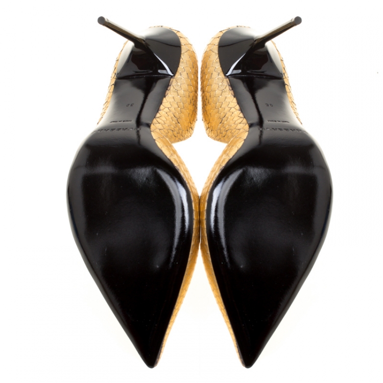 Pre Owned Burberry Metallic Gold Embossed Python Leather Harrods Pointed Toe Pumps Size 39