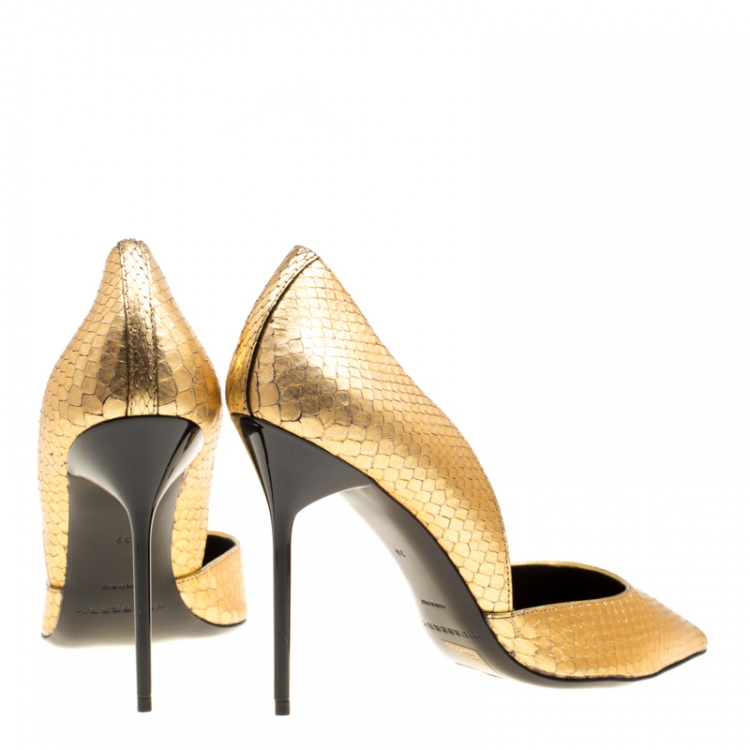 Pre Owned Burberry Metallic Gold Embossed Python Leather Harrods Pointed Toe Pumps Size 39