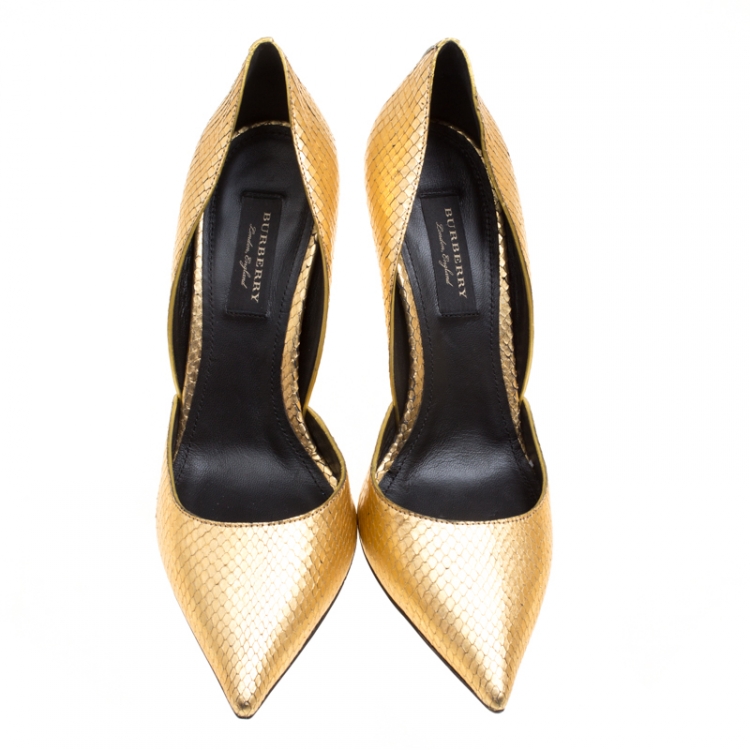 Pre Owned Burberry Metallic Gold Embossed Python Leather Harrods Pointed Toe Pumps Size 39