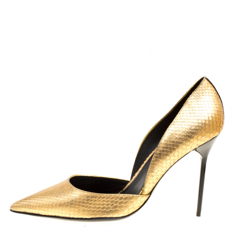 Pre Owned Burberry Metallic Gold Embossed Python Leather Harrods Pointed Toe Pumps Size 39