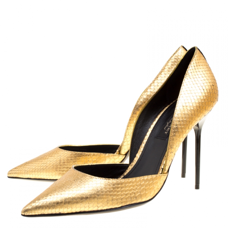 Pre Owned Burberry Metallic Gold Embossed Python Leather Harrods Pointed Toe Pumps Size 39