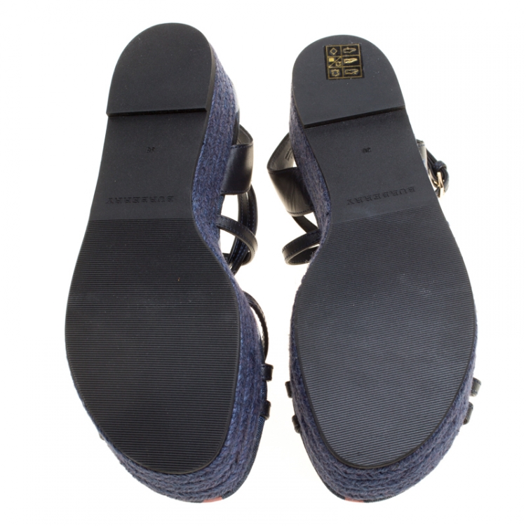 Pre Owned Burberry Navy Blue Leather Melrose Cross Strap Espadrille Platform Flats Size 38